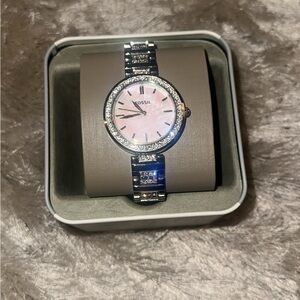 Fossil Silver Watch with Pink Dial and Crystal Accents